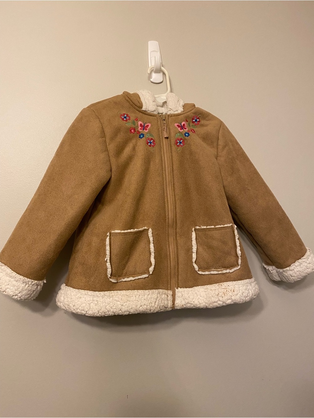 Little Me Tan Faux-Suede Sherpa-Trim Embroidered Girls' Jacket